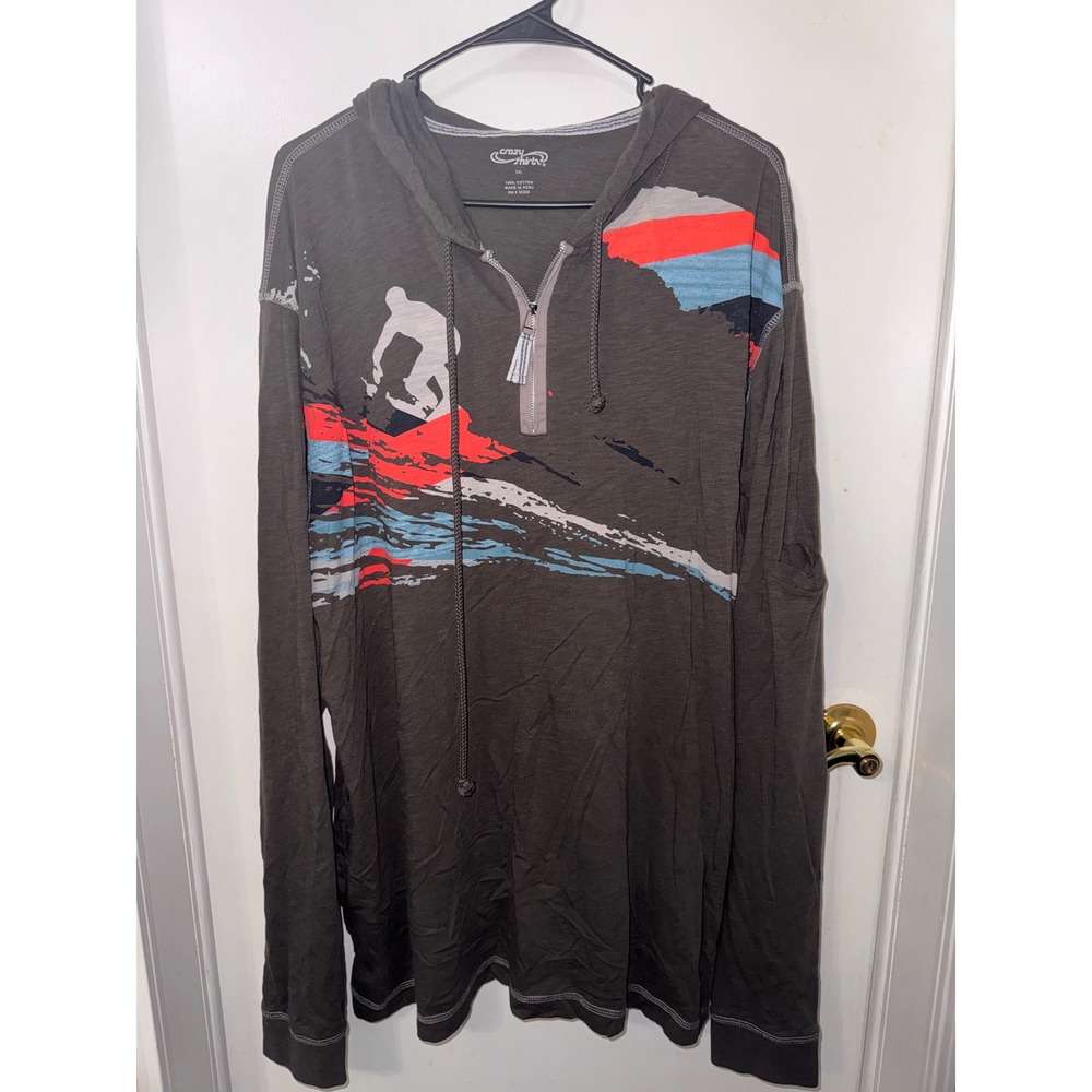 Crazy Shirts Mens XXL Gray‎ Long Sleeve Quarter Zip Hooded Graphic Surf T-Shirt